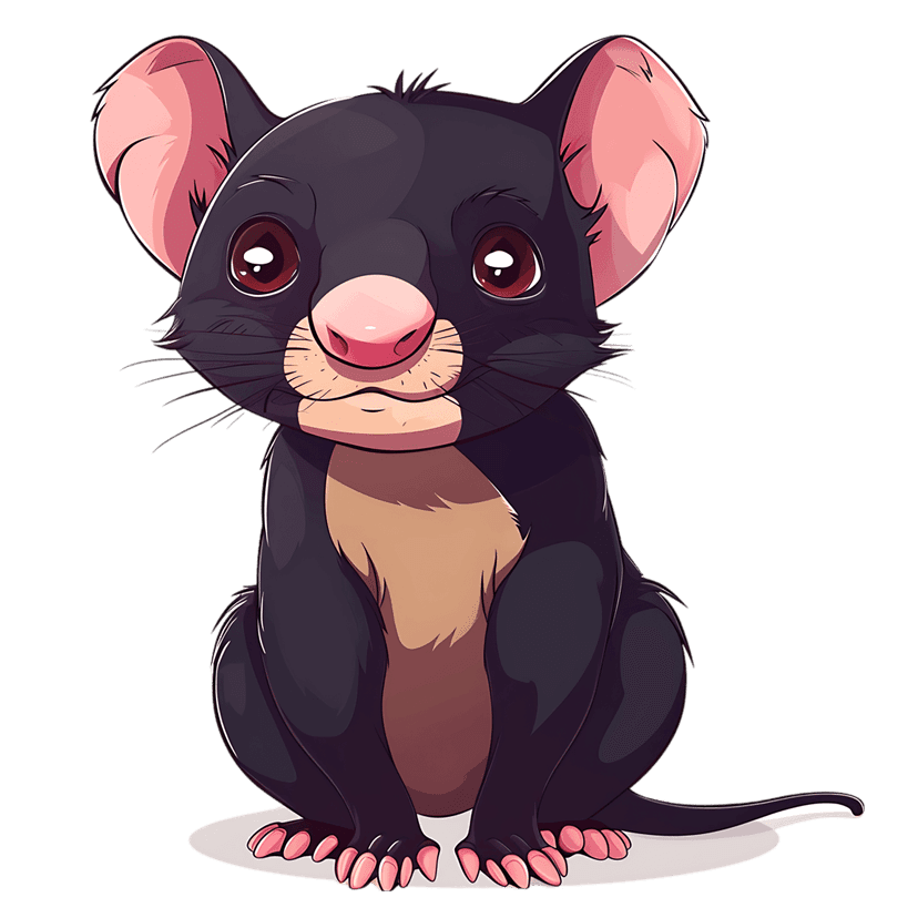 Tasmanian devil illustration sitting with large red eyes, charcoal fur, and pink ears on black background.