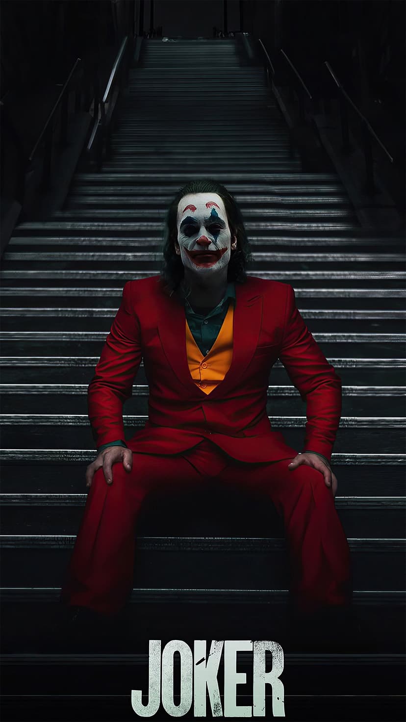 Joker versions from various movies show a moonlit dance, a stair pose, and a criminal holding a playing card.