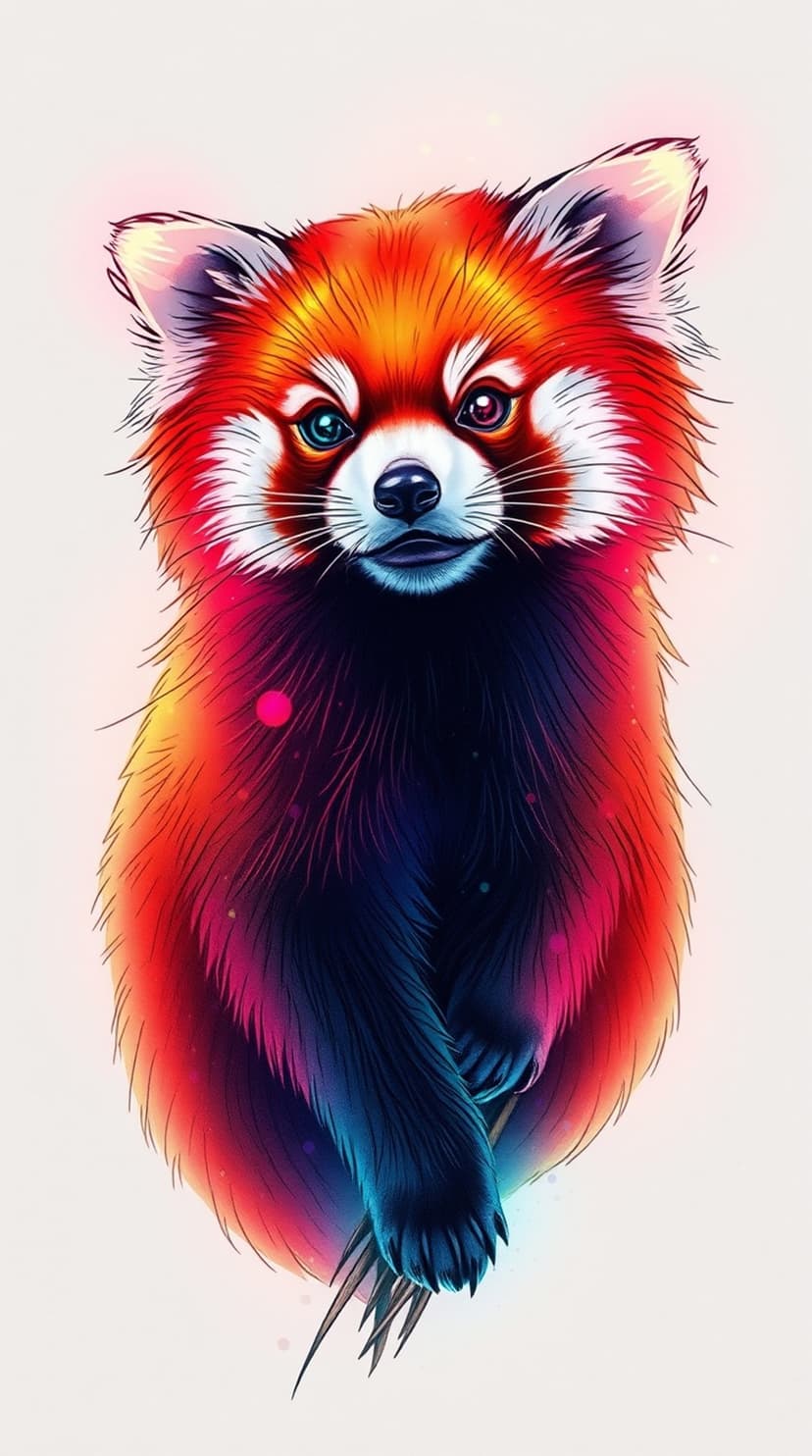 Red panda with fiery orange and deep purple fur features luminous multi-colored eyes and delicate whiskers.