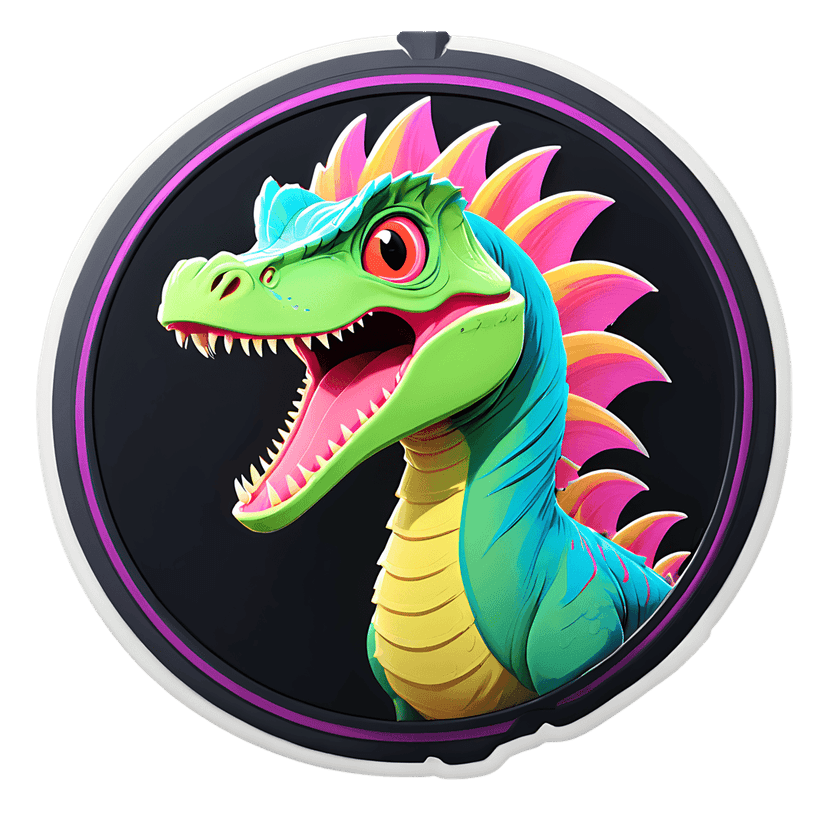 Green dinosaur sticker graphic with teal scales, pink fins, and red eyes shown in a glossy 3D profile view.