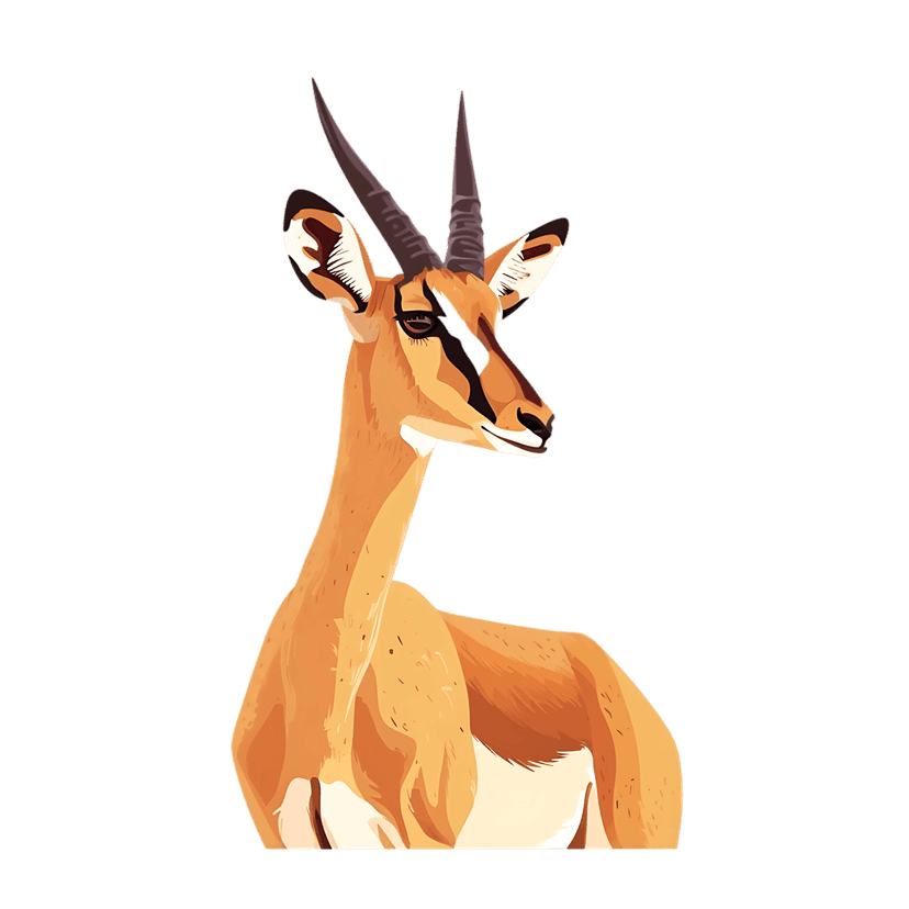 Stylized gazelle illustration displaying long curved horns and orange coat against a solid black background.