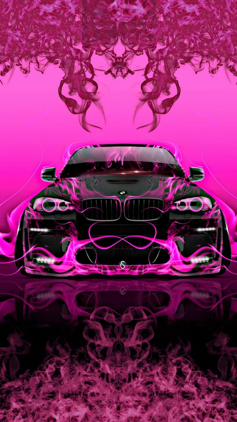 Black BMW M car surrounded by radiant fuchsia fire and thick smoke clouds with neon light reflections.