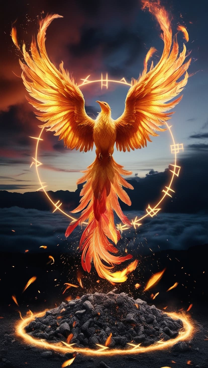 Phoenix with flaming wings rises from dark ashes inside a glowing runic circle against a dark twilight sky.
