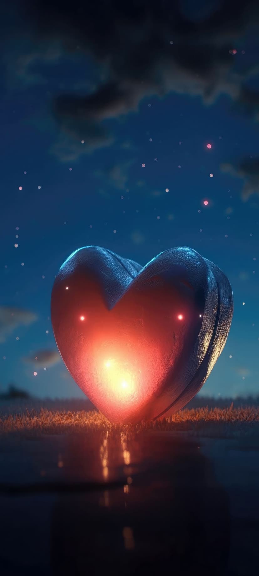 Heart-shaped lantern emitting a warm orange glow on wet grass under a dark sky filled with bright stars and clouds.