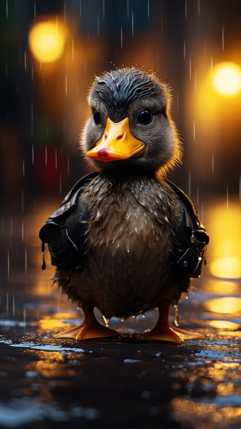 Duckling in a miniature leather jacket stands on a wet street at night with glowing yellow bokeh lights behind it.