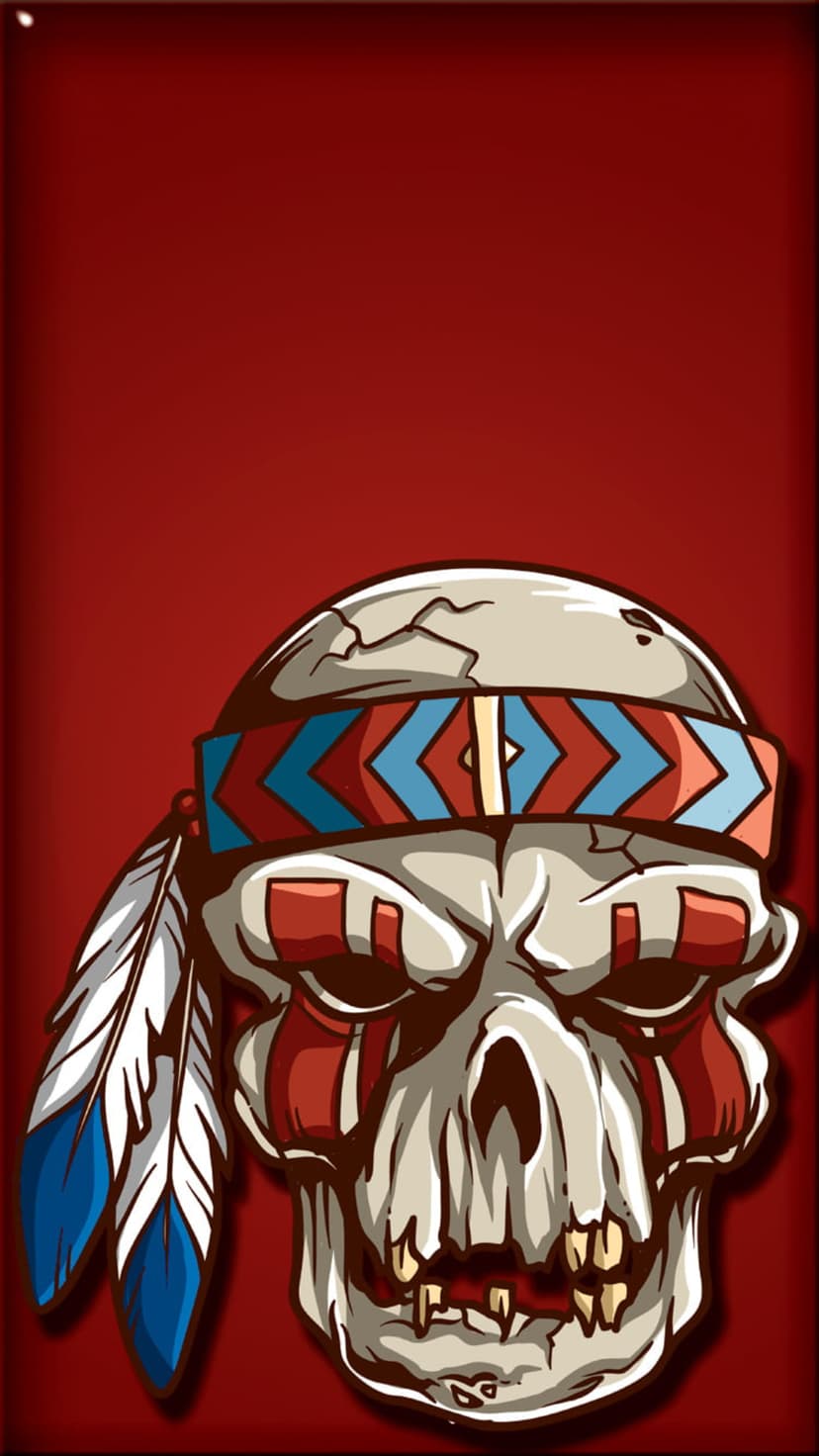 Warrior skull with tribal war paint and blue-tipped feathers centered on a deep red gradient background.