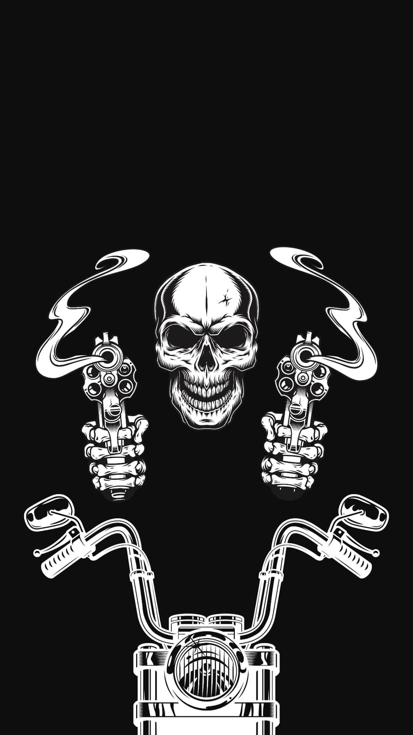 Menacing skull flanked by skeletal hands holding revolvers above motorcycle handlebars and a central headlight.