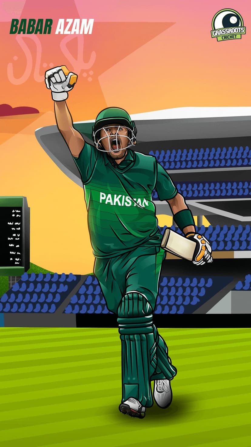 Babar Azam celebrates a cricket victory in a green uniform and helmet under a vibrant pink and orange sunset sky.