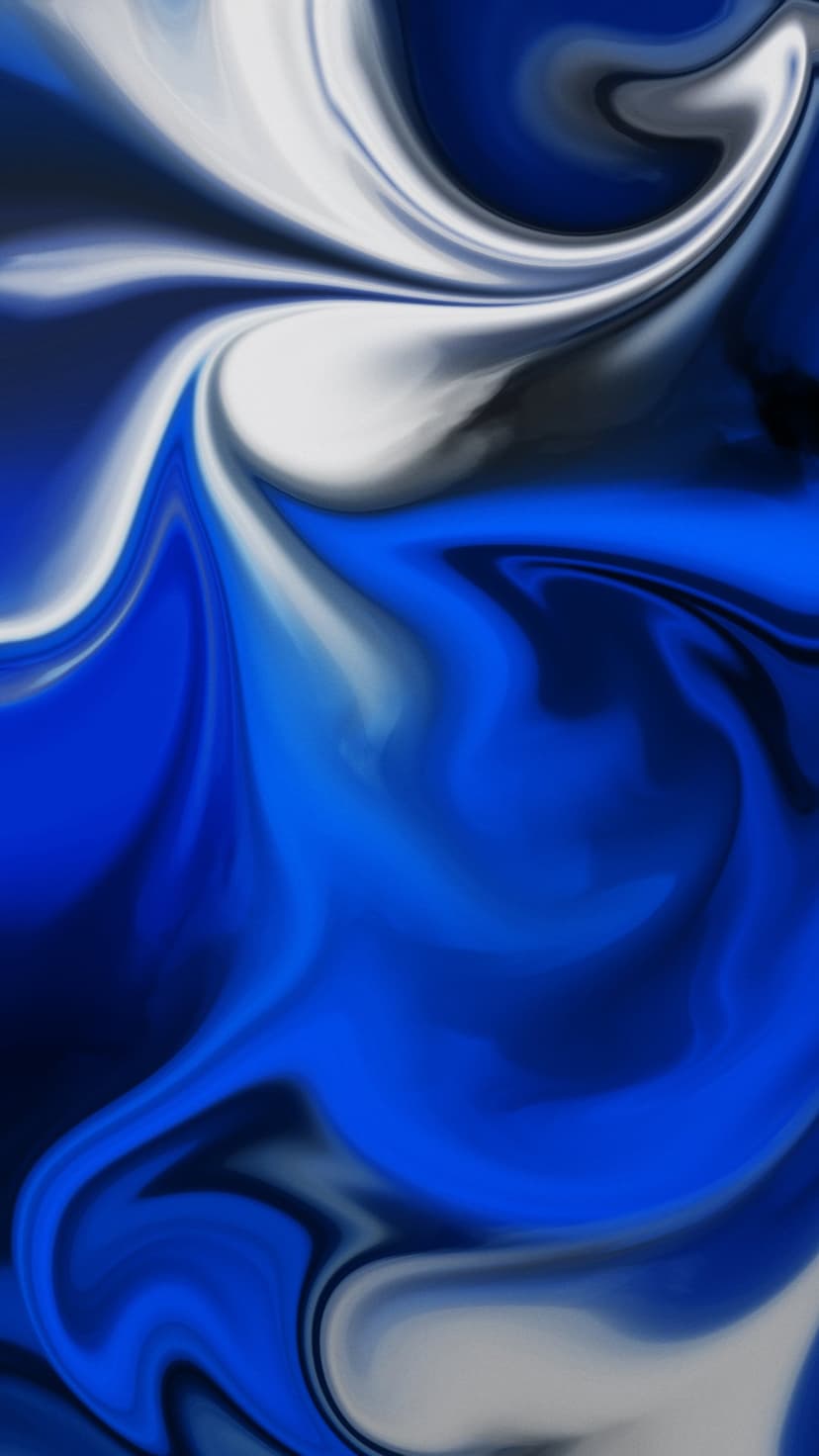 Blue and white fluid swirls mix in a marbled pattern with soft gray shadows and organic flowing shapes.