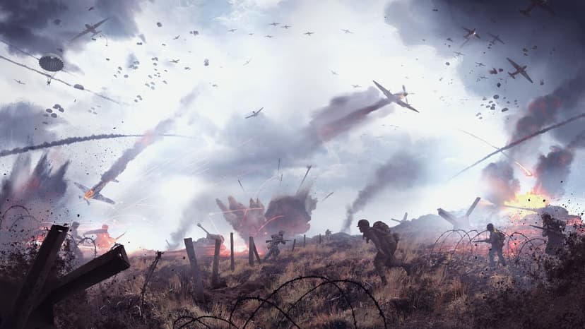 Soldiers charging across a chaotic WWII battlefield with tanks, explosions, and planes in a smoky sky.