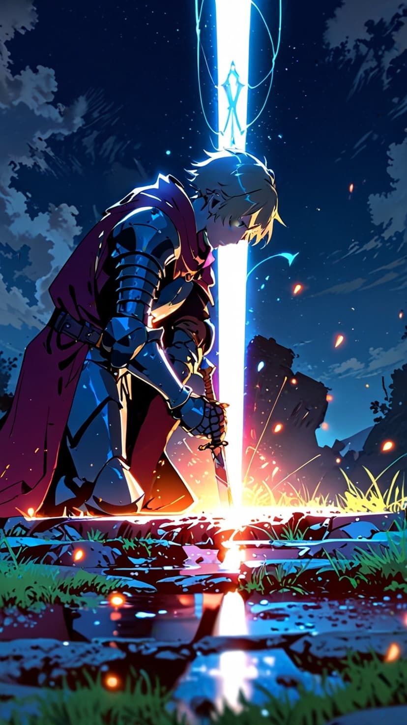 Armored knight in a red cape kneels on mossy rocks holding a glowing blue sword that emits bright sparks at night.