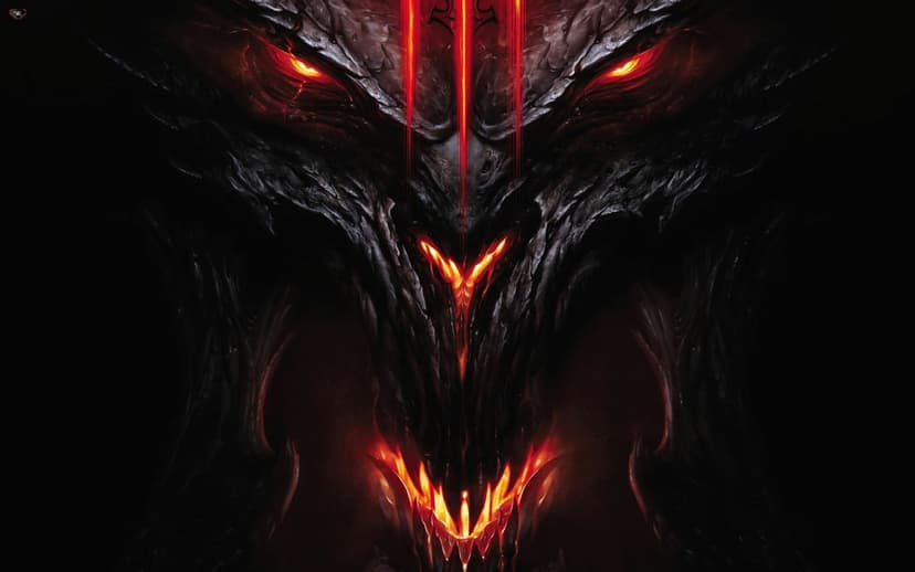 Close-up of a demonic face with glowing red eyes, three forehead lines, and a fiery mouth on a dark background.