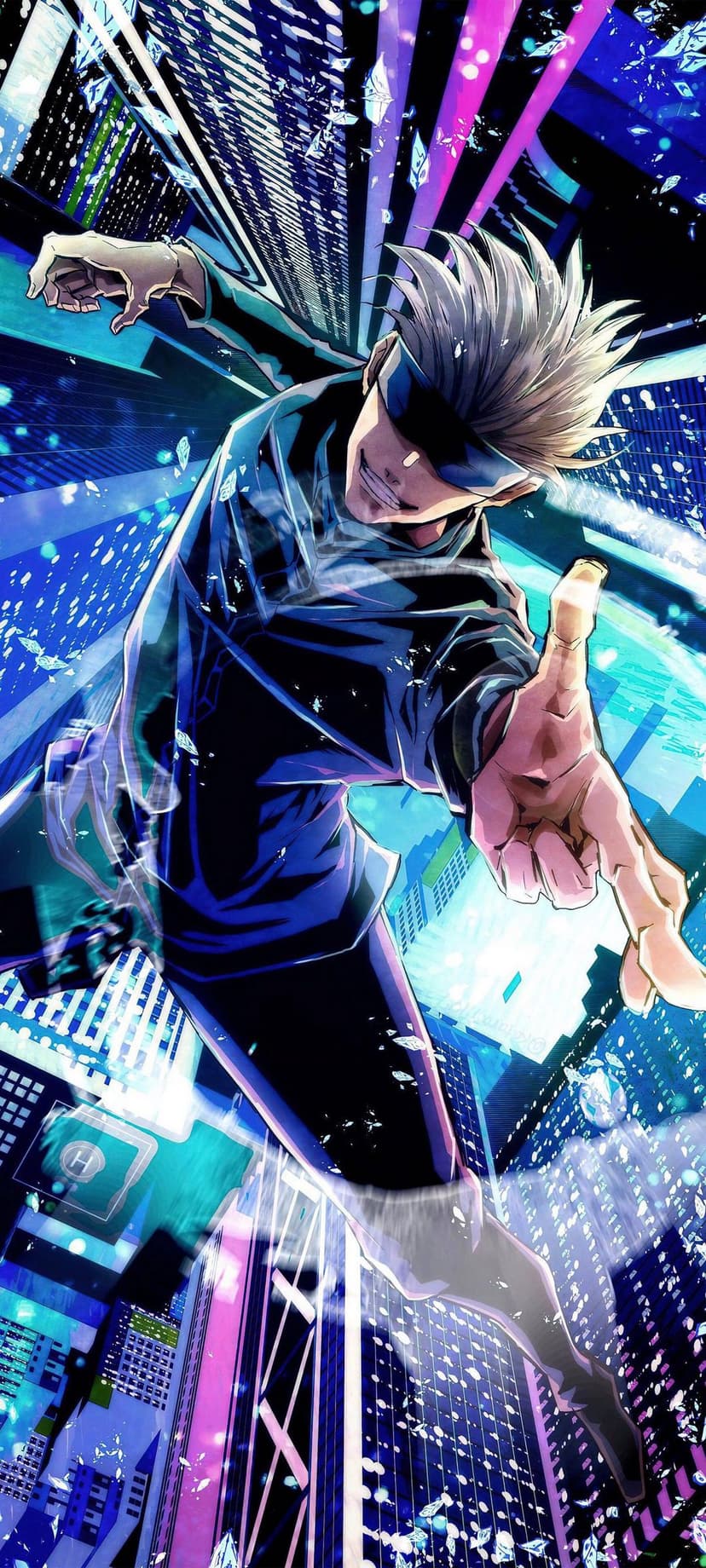 Gojo Satoru smirks with an outstretched hand wearing a blindfold against a glowing blue and purple cityscape.