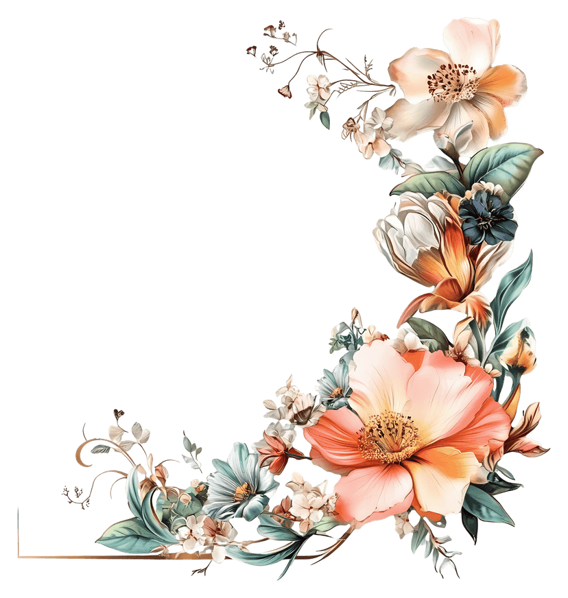 Botanical corner arrangement featuring pink watercolor roses and green foliage on a transparent background.