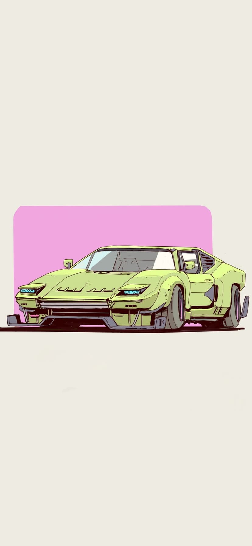 Lime green sports car with sharp angles and blue glowing headlights against a pink and beige backdrop.