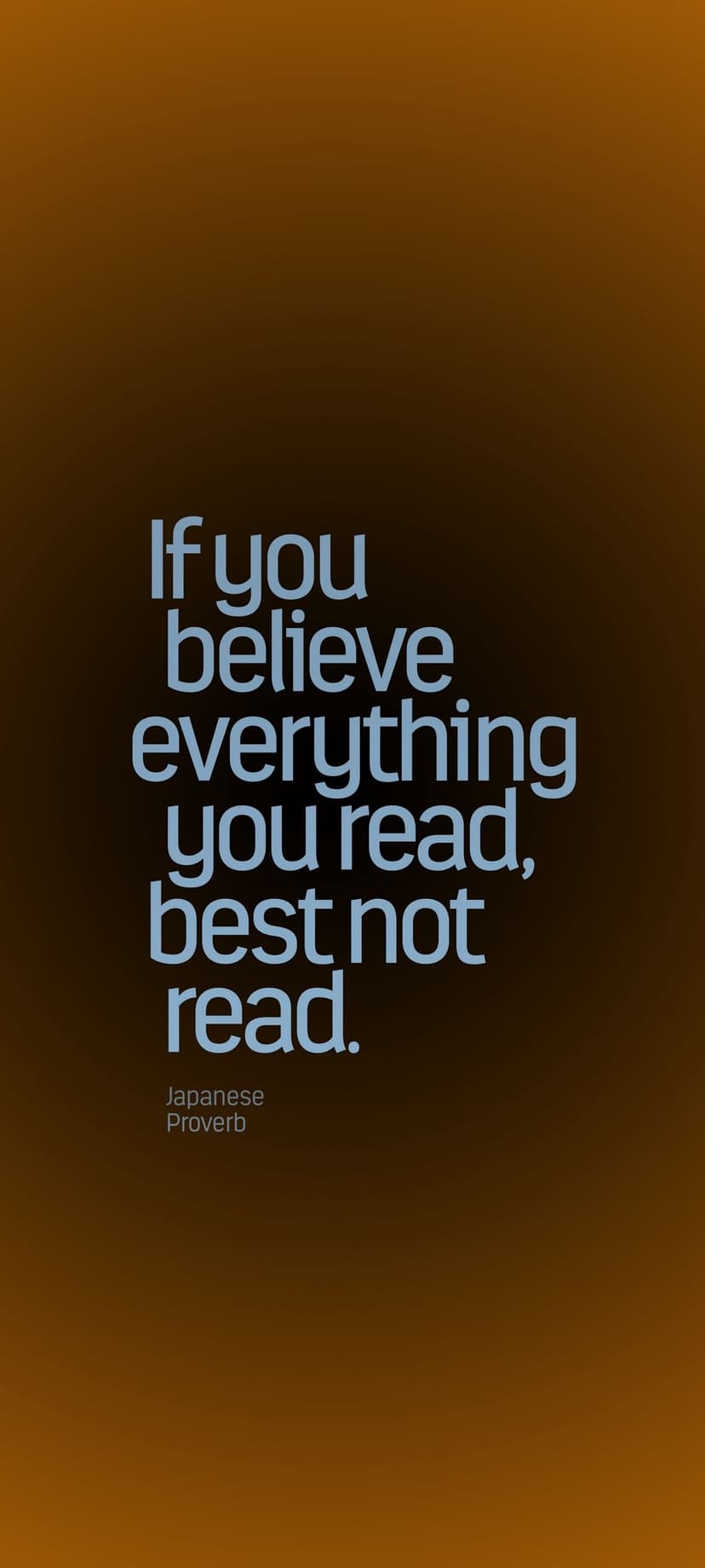 Japanese proverb text about belief and reading displayed over a warm, soft gradient background in portrait.