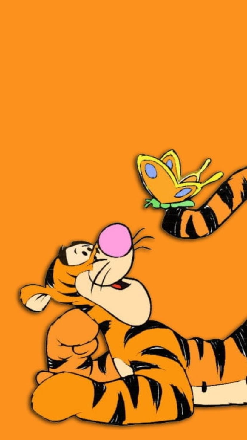 Tigger observes a small orange butterfly with blue spots against a solid and vibrant orange phone background.