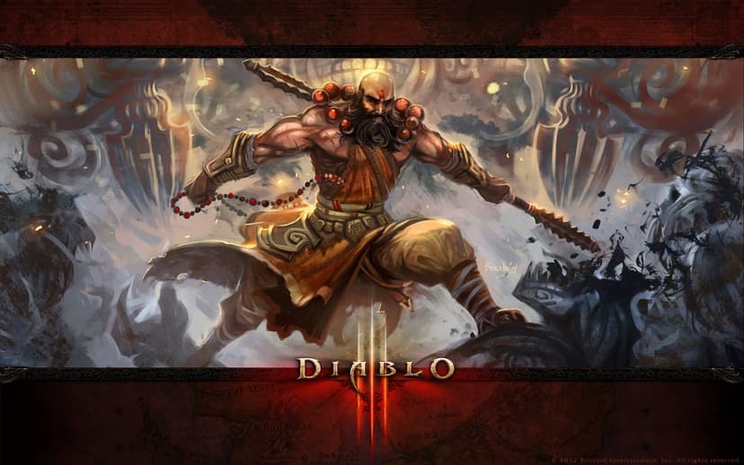 Muscular monk with a dark beard and prayer beads wielding staves in a dynamic fantasy battle with the Diablo 3 logo.