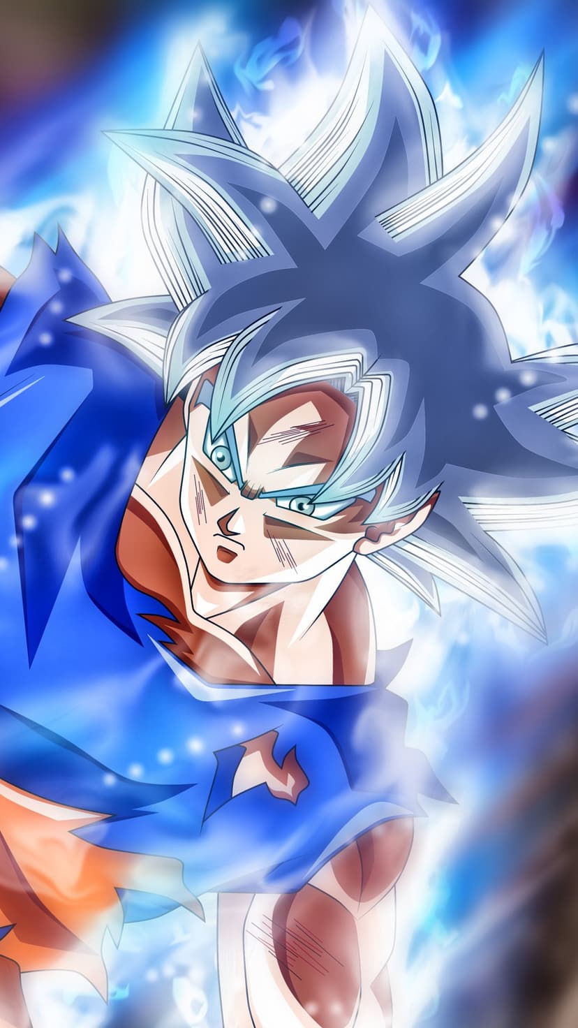 Goku with silver hair and glowing blue eyes stands amidst a swirling cyan energy aura in Ultra Instinct form.