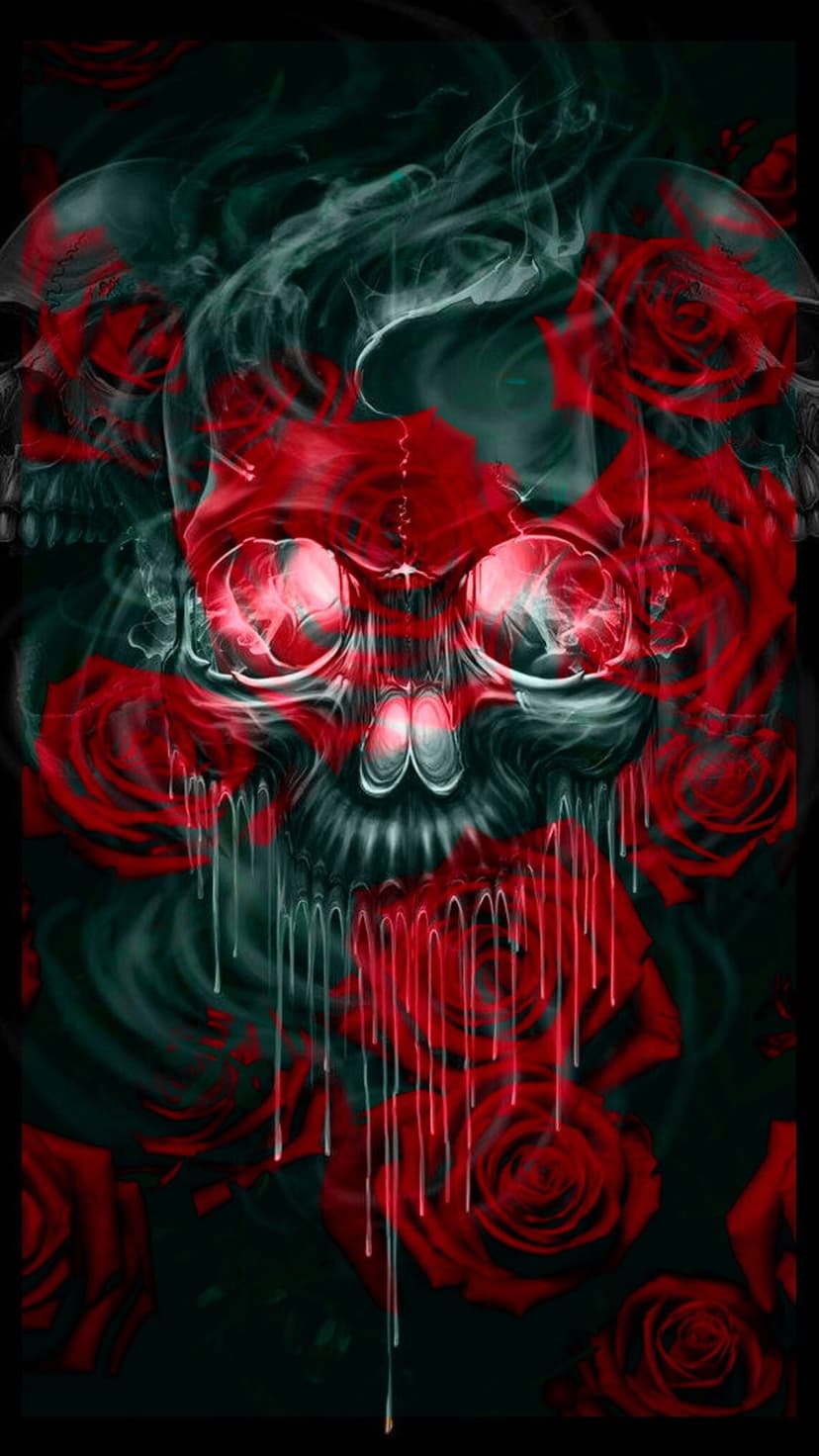 Translucent skull with melting red liquid surrounded by dark crimson roses and wisps of gray smoke on black.