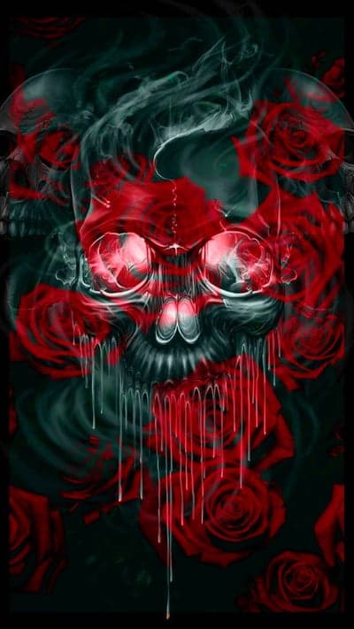 Melting Crimson Skull and Red Roses Dark Phone Wallpaper