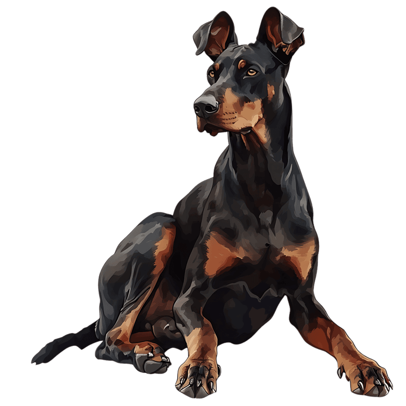 Doberman Pinscher canine illustration showing a seated pose with black coat and tan markings on black backdrop.