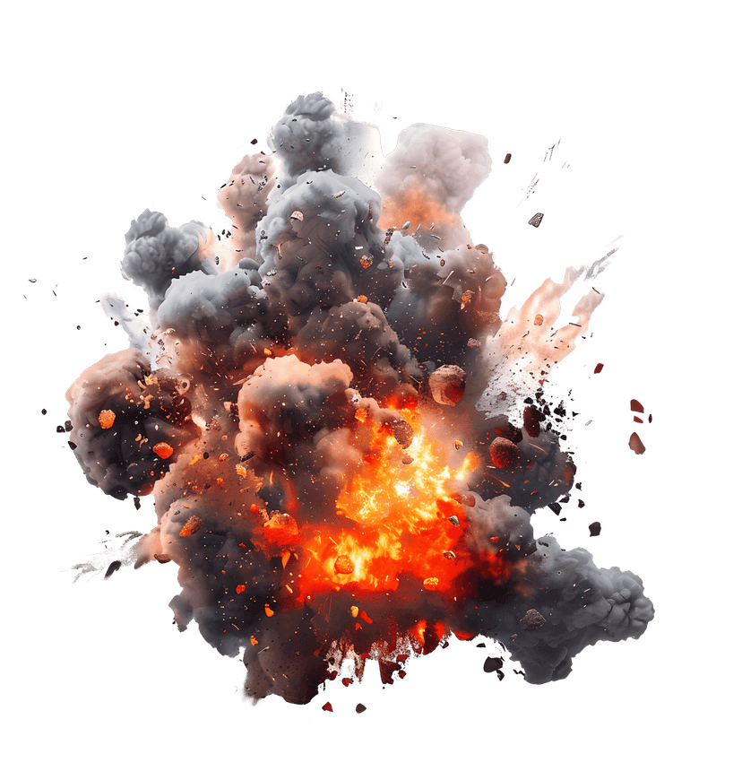 Large fireball explosion features intense orange flames and dark smoke plumes against a transparent background.
