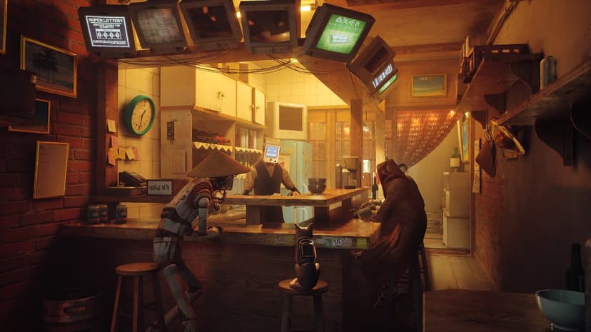 A cat sits on a wooden stool in a cozy cyberpunk bar featuring a robot bartender and hanging monitor screens.