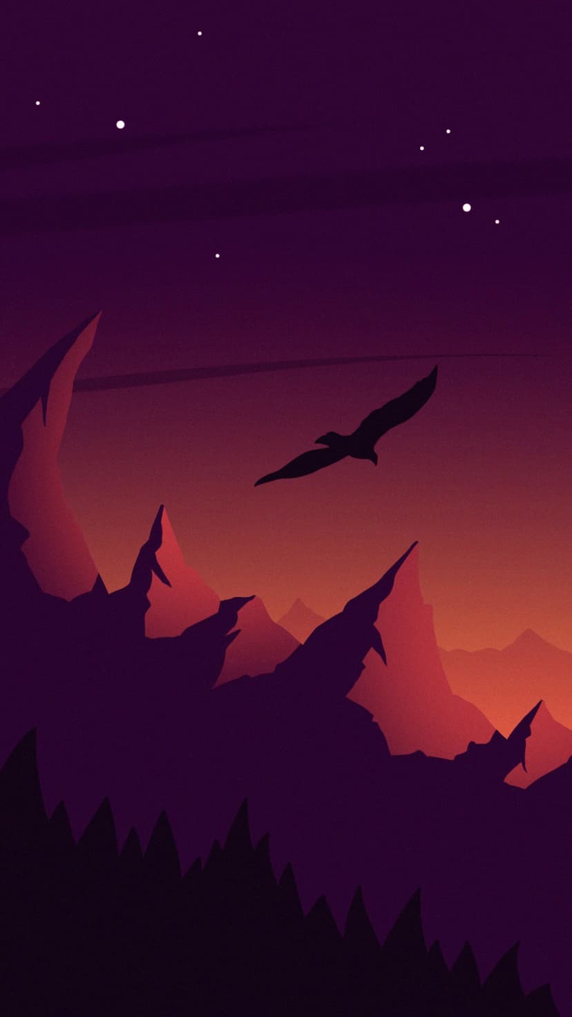 Bird silhouette soaring over sharp mountain peaks under a purple and orange sunset sky with faint distant stars.