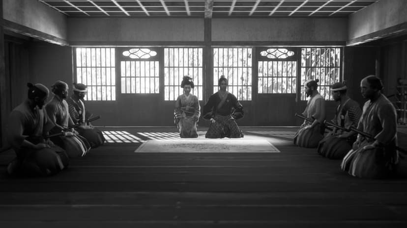 Samurai and a woman in traditional robes kneeling in a sunlit Japanese hall with high-contrast noir lighting.