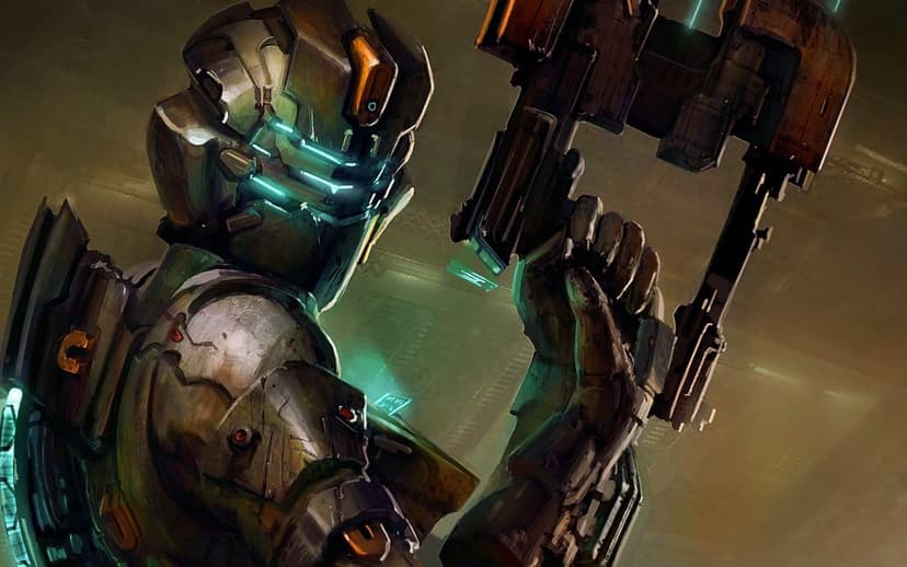 Isaac Clarke in futuristic copper armor holds a plasma cutter with glowing blue visor lights in a dark hallway.