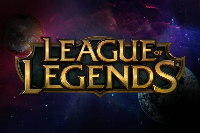 Gold League of Legends logo centered over a deep space background with purple nebulae and planets.