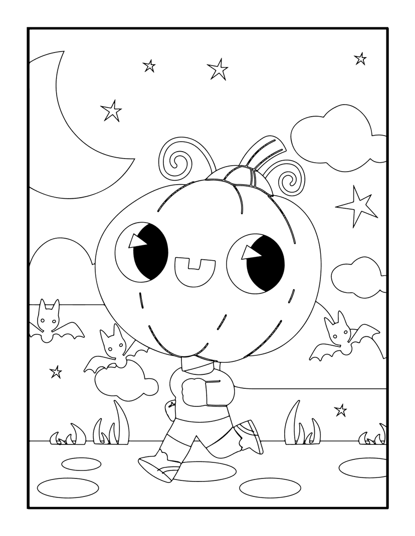 Pumpkin character running line art featuring stars, crescent moon, and bats in a nocturnal outdoor setting.