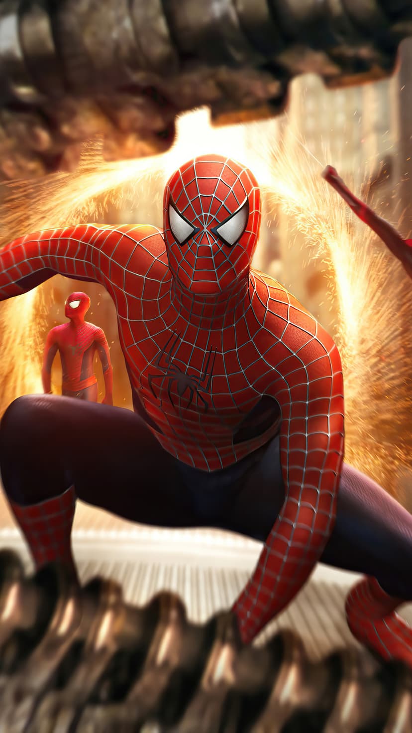 Three Spider-Men crouch amid glowing energy portals and crumbling city buildings in a vertical layout.
