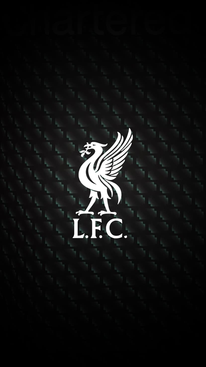 White Liverpool FC Liverbird emblem and L.F.C. text centered on a black textured carbon fiber background.