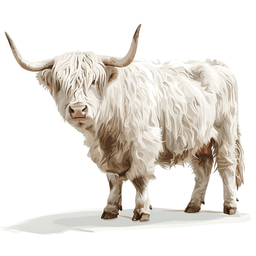 White Highland cow with long horns and shaggy fur standing on a black background with soft white shadow.