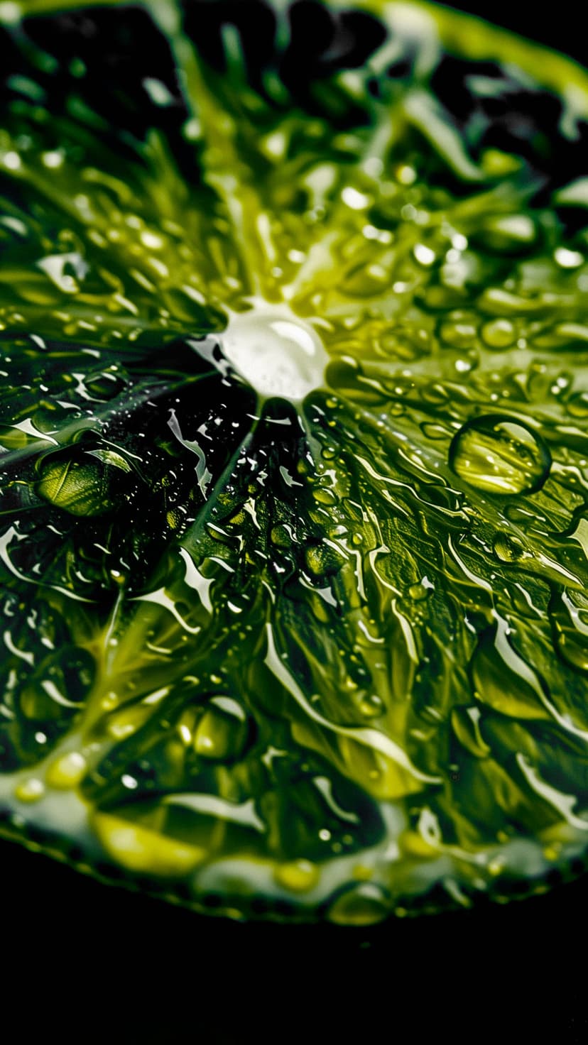 Green lime slice cross-section glistening with clear water droplets against a dark, shadowy background.