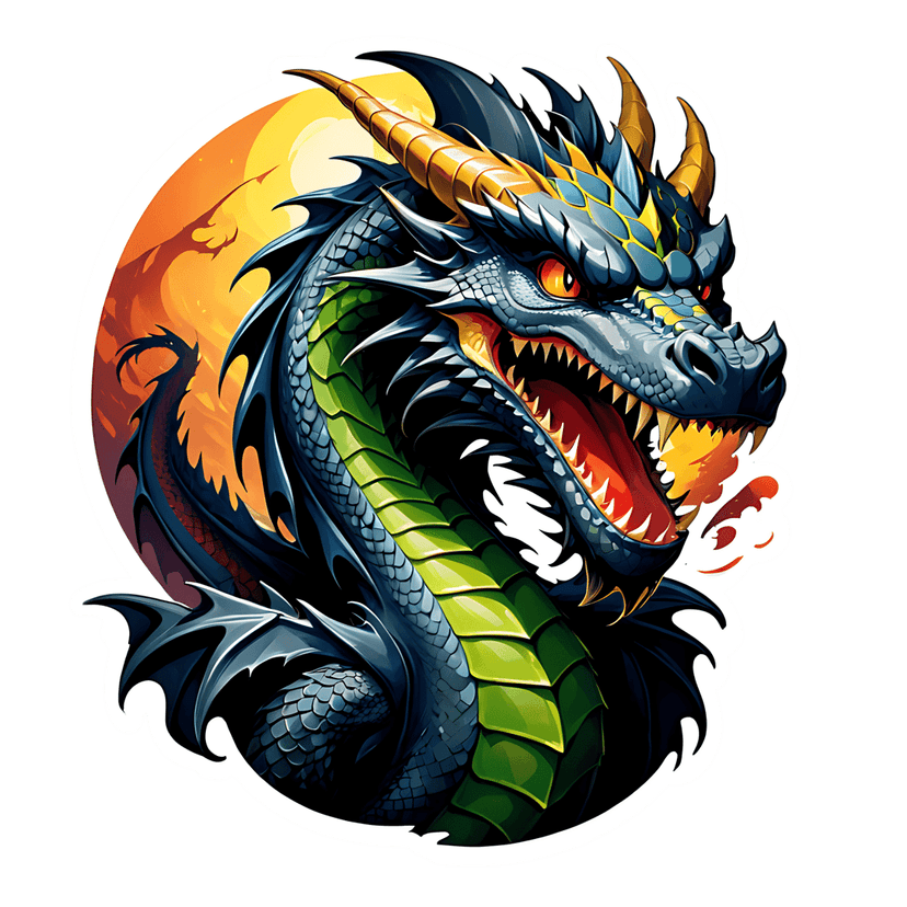 Blue dragon head sticker with scaly skin and golden horns breathing fire against an orange sunset background.