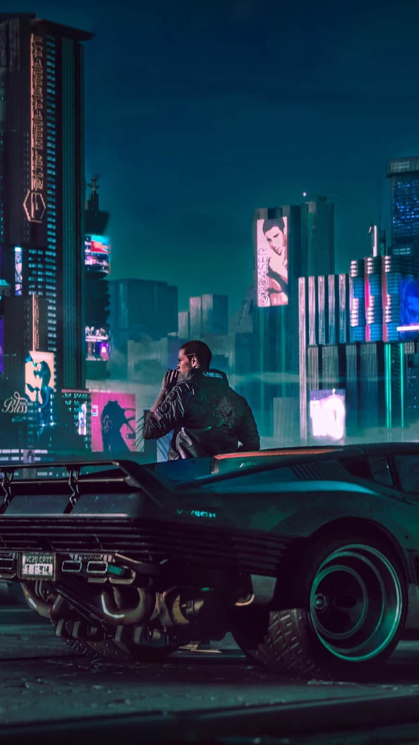Man in a tech jacket sits in a car with large exhaust pipes facing a neon-lit futuristic city at night.