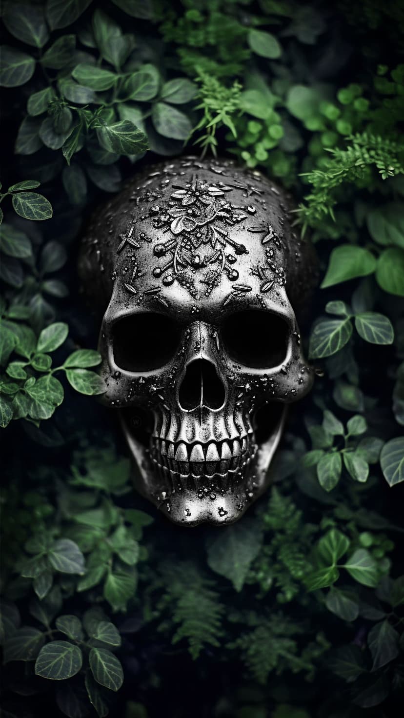 Metallic skull with floral engravings surrounded by dark green ferns and shadowed tropical leaves.