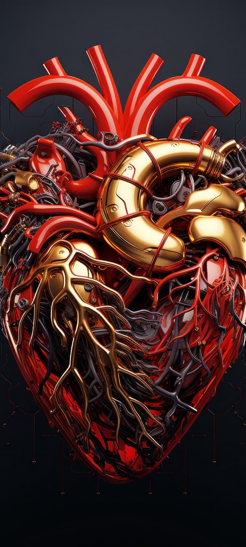Mechanical heart with gold gears and red vascular tubes against a dark background in portrait orientation.