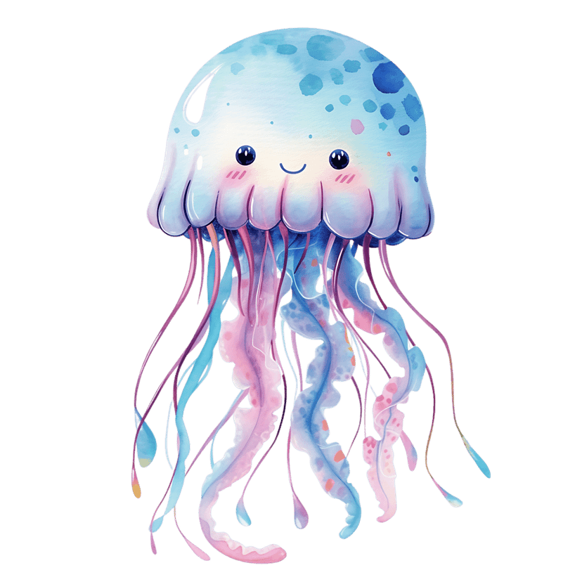 Jellyfish watercolor illustration with blue bell and pink gradient tentacles on a transparent background.
