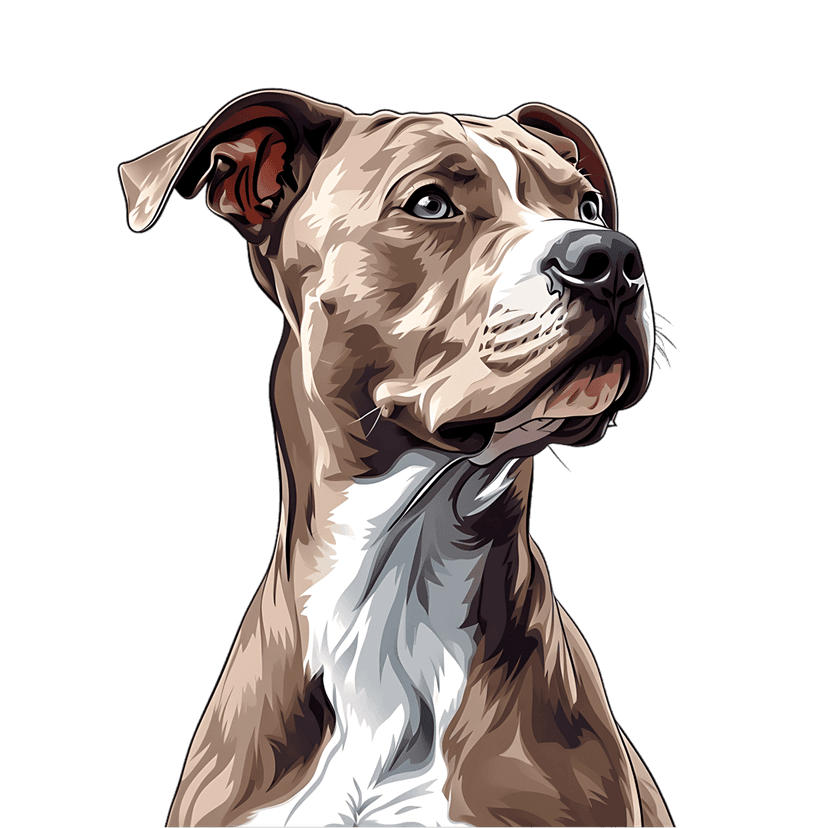 Pitbull terrier vector portrait with blue eyes and tan fur looking right against a solid black background.