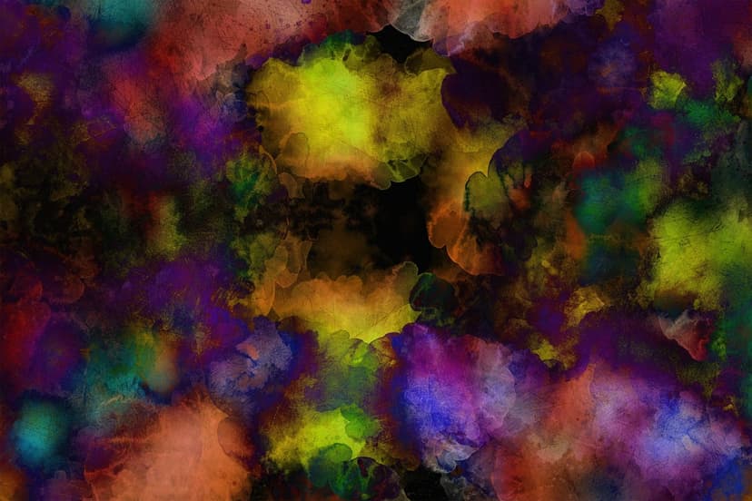 Intertwined ribbons of yellow, purple, and green paint flow through a dark space with delicate splatter textures.