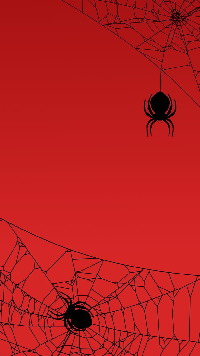 Black spiders and delicate webs contrast against a solid red background, featuring one arachnid hanging by silk.