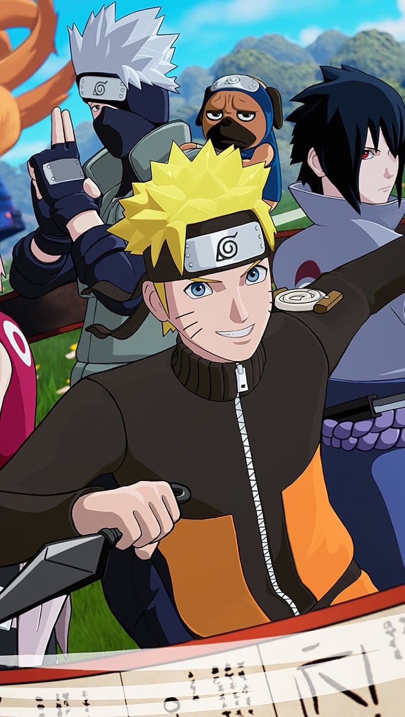 Naruto Uzumaki holds a kunai alongside Sasuke, Kakashi, and Akamaru against a bright mountain landscape.