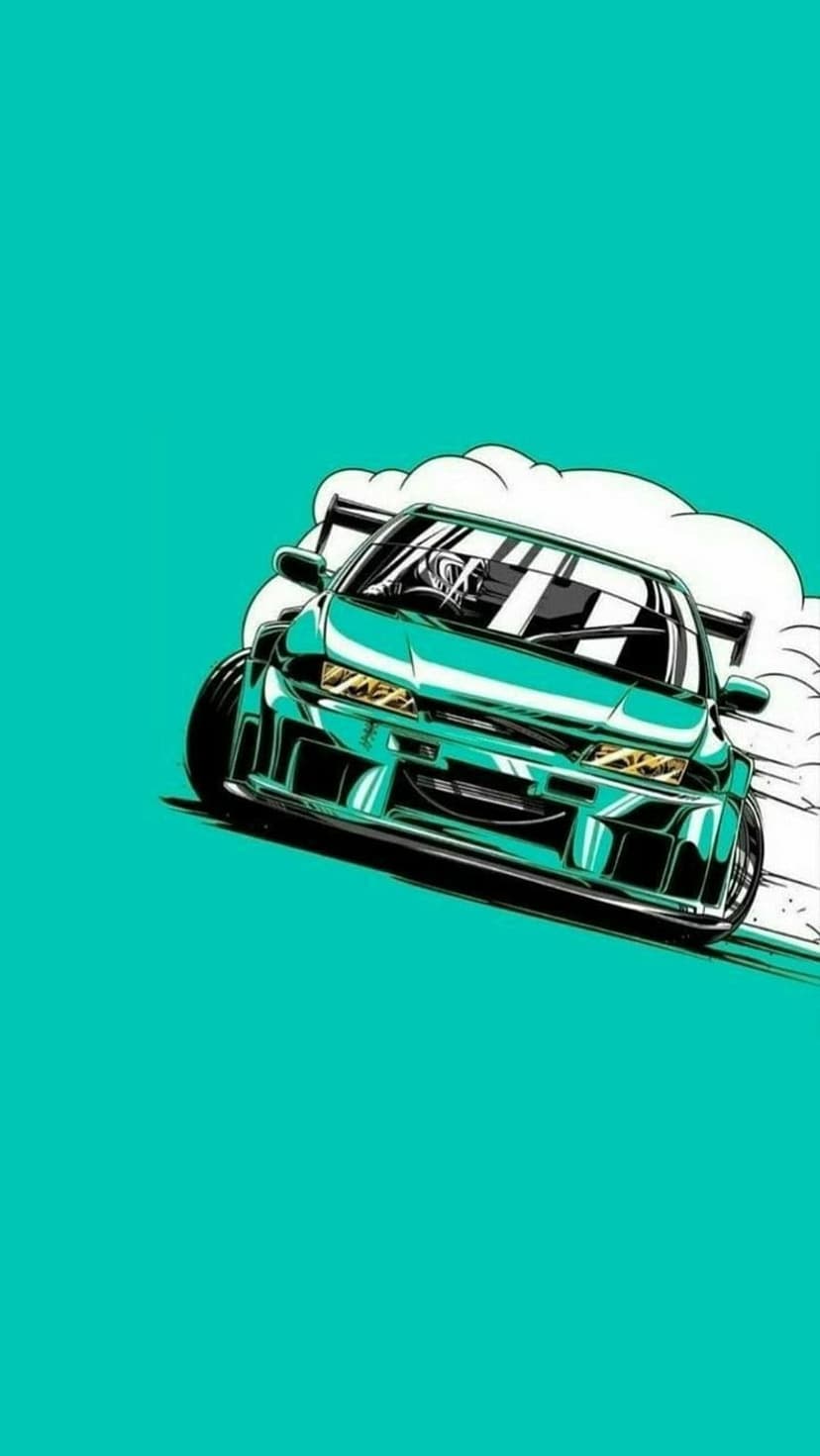 Teal sports car drifting with thick white tire smoke against a solid blue-green background with bold outlines.