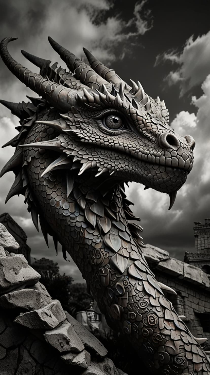 Stone dragon statue with detailed scales stands among crumbling ruins under a dark, cloudy sky in grayscale.