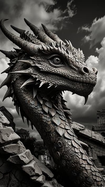 Monolithic Dragon Statue Amidst Ancient Ruins