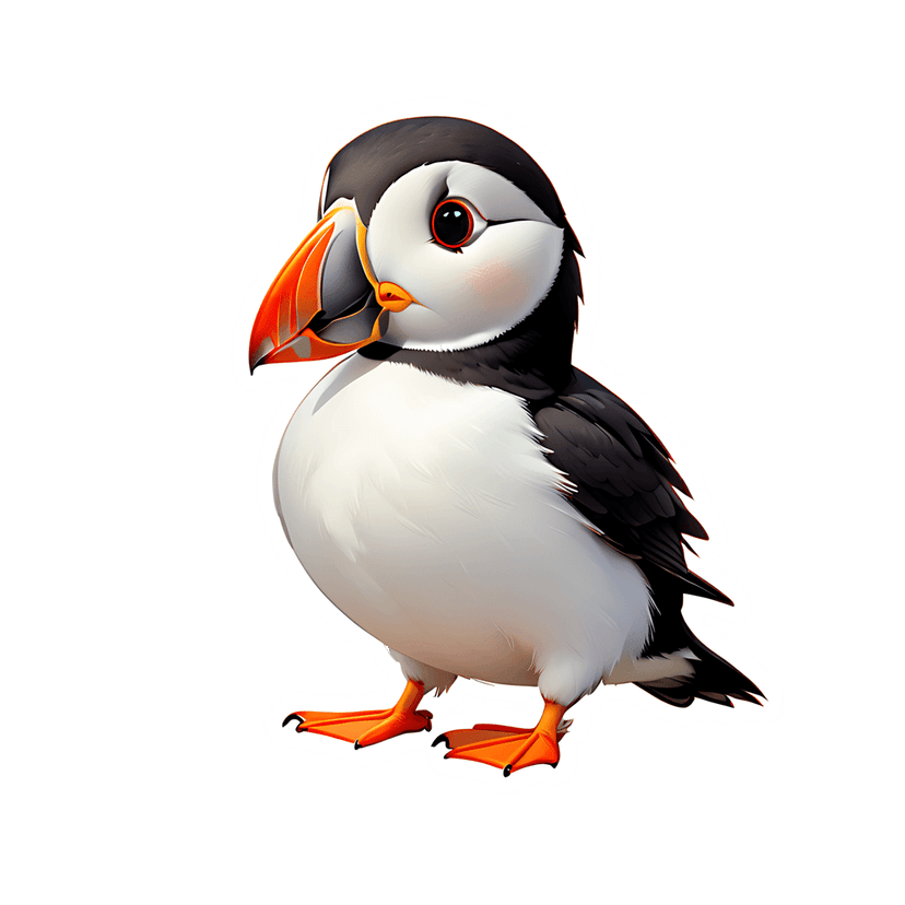 Atlantic puffin digital clipart standing in profile with an orange beak and black and white glossy feathers.